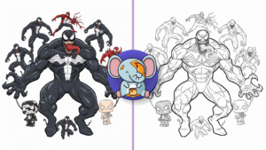 Venom coloring pages – black-and-white line art of Venom with multiple styles including Spider-Man, Carnage, LEGO, and Funko Pop designs