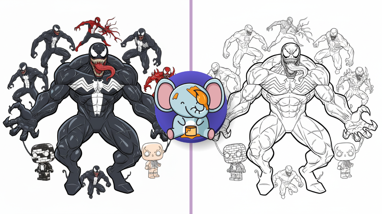 Venom coloring pages – black-and-white line art of Venom with multiple styles including Spider-Man, Carnage, LEGO, and Funko Pop designs