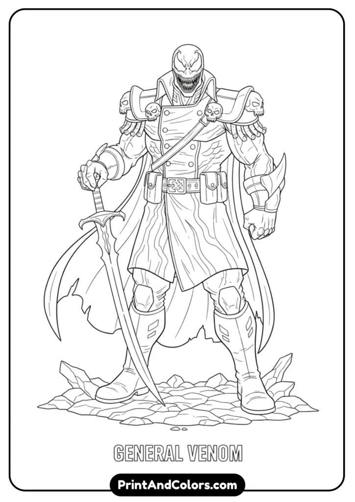 General Venom standing pose in line art, clean outlines suitable for printing and coloring. Neutral design