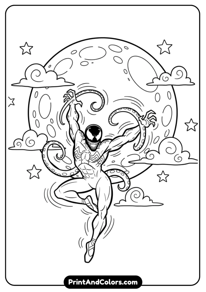Line art of Venom doing a dance pose under a big full moon. Background has simple stars and clouds. Exaggerated movement lines for fun.
