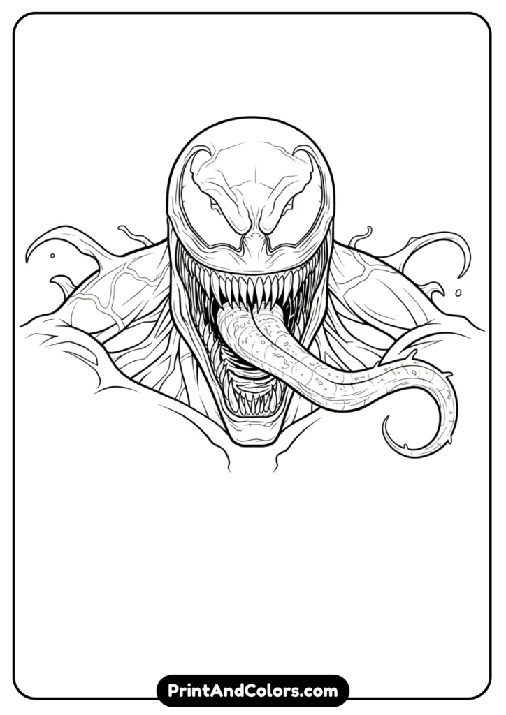 Close-up line art of Venom’s monstrous face, open mouth full of sharp teeth, tongue curling outward