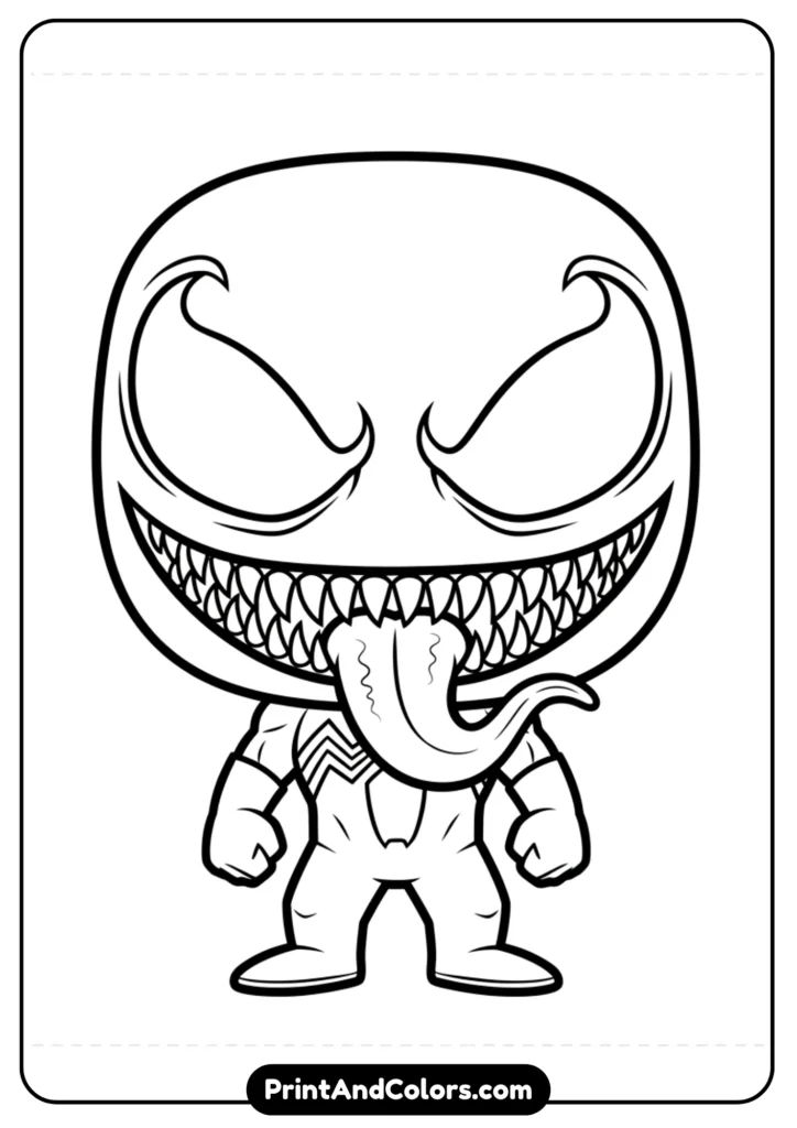 Black-and-white line art of Venom in Funko Pop toy style, oversized head, cartoon body, smiling face with tongue