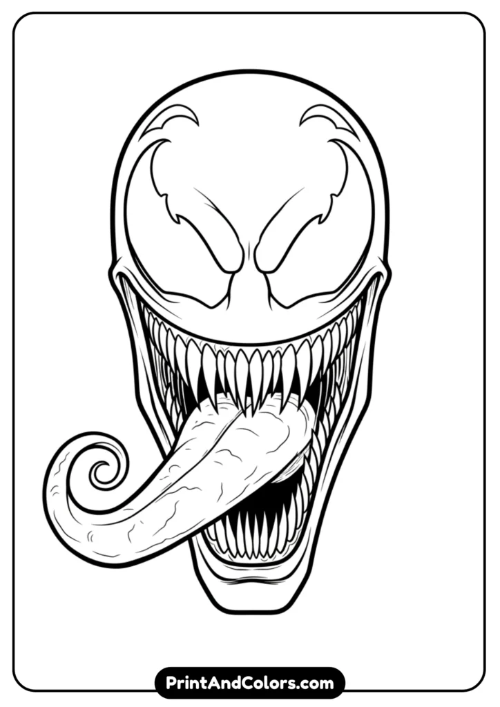 Outline art of Venom’s head only, exaggerated long tongue and sharp jagged teeth