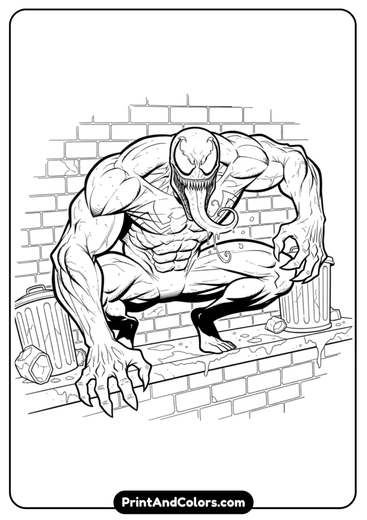 Line drawing of Venom hiding in a dark alley, crouched on a brick wall, tongue sticking out, ready to attack. Background with simple brick patterns.