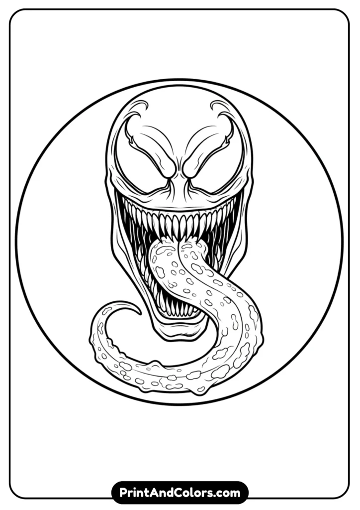 Line art of Venom’s mask design version 2, with bold teeth patterns and exaggerated tongue details