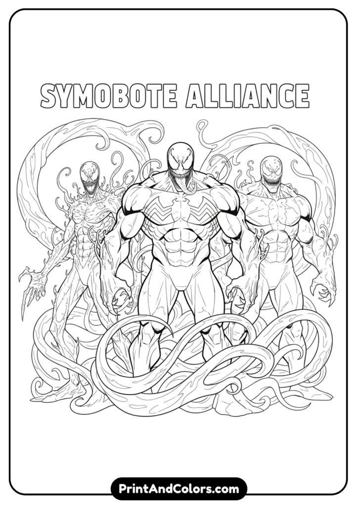 Venom standing with other symbiote allies (Carnage, Riot) in line art style. Bold group composition with tendrils