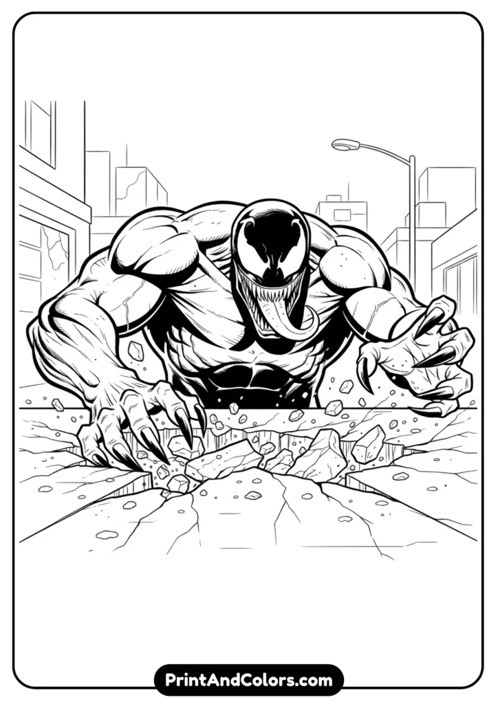Venom digging his claws into concrete, cracks spreading across the ground. Black-and-white bold outlines for dramatic effect
