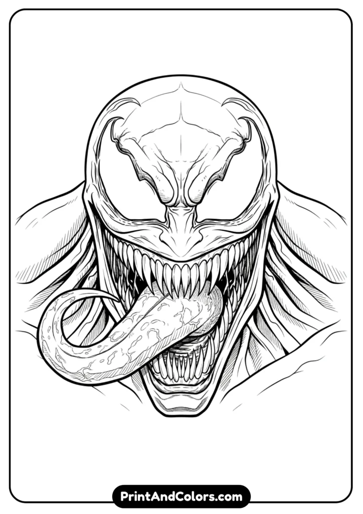 Close-up black-and-white drawing of Venom’s face with sharp teeth and creepy evil smile. Bold outlines with detailed tongue.