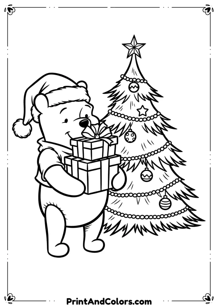 Line art of Winnie the Pooh wearing a Santa hat, holding presents beside a decorated Christmas tree.