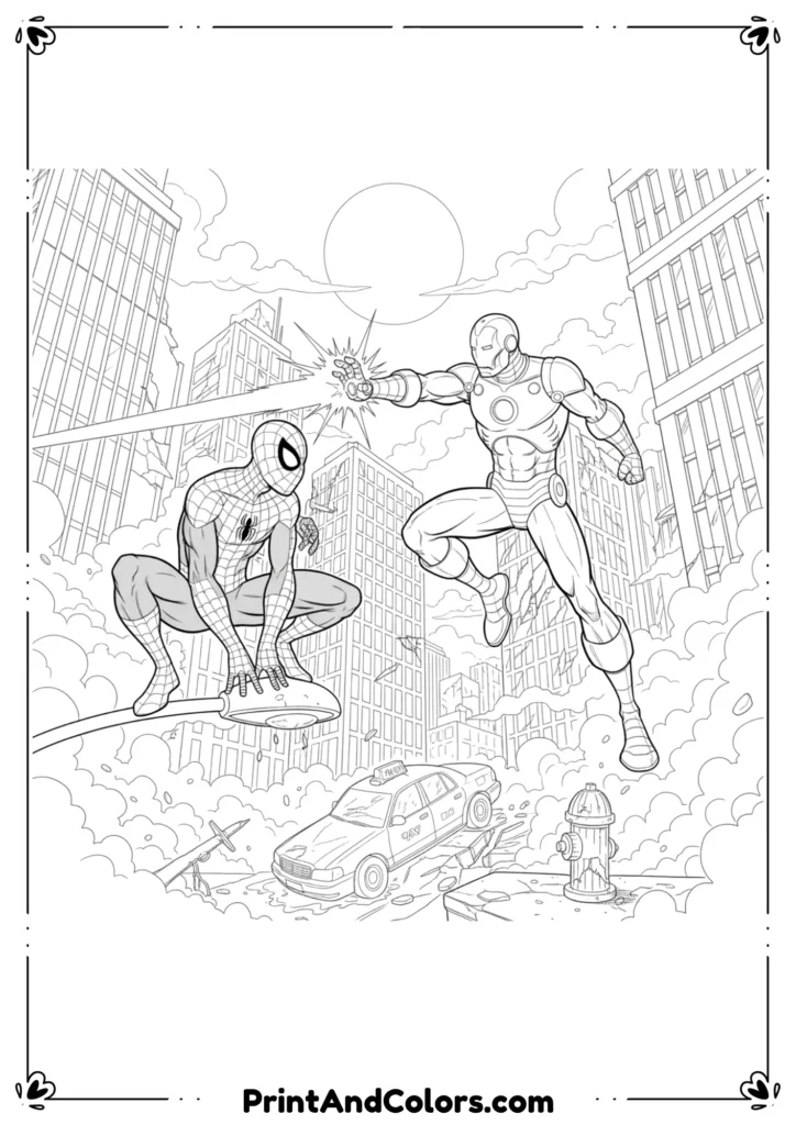 Outline drawing of Spider-Man and Iron Man facing each other in an epic superhero showdown, action-packed poses, clean comic-style lines.