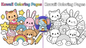 Black and white kawaii coloring page line art featuring cute animals, smiling cupcakes, donuts, ice cream, stars, and rainbows in an adorable cartoon style. Write on it in free kawaii coloring page.