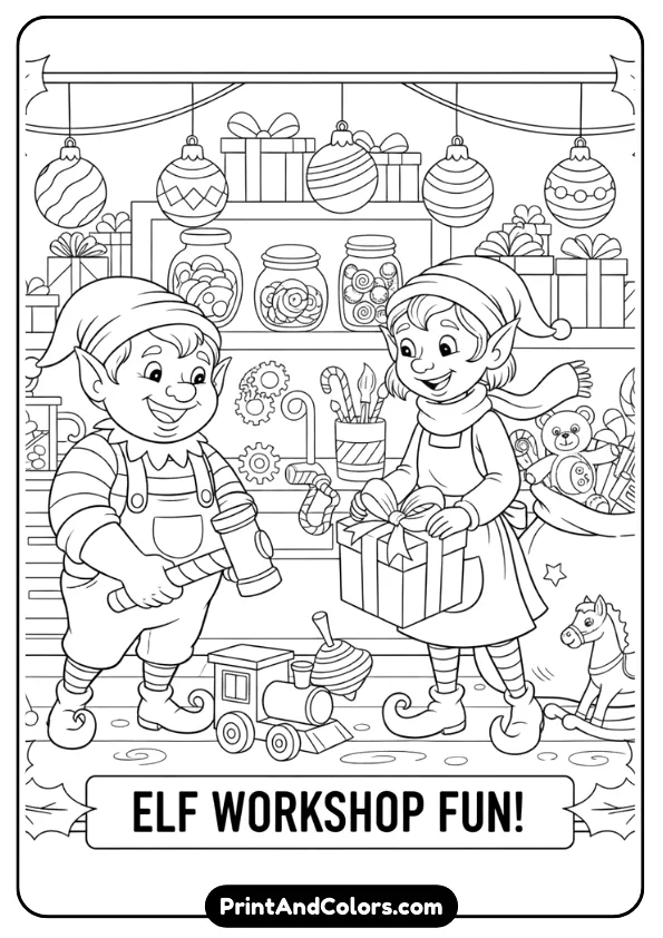 Two or more cheerful elves working with gifts, toys, or candy canes. Add workshop tools or festive background. Kid-friendly outlines