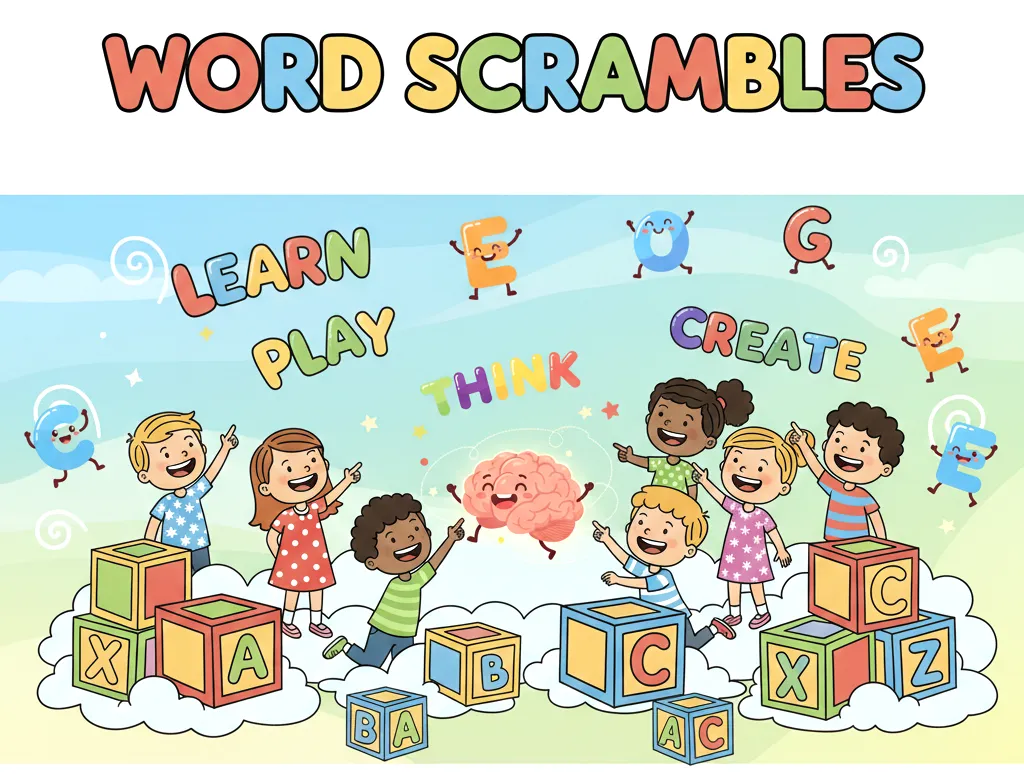 Cute cartoon scene of a printable word scramble worksheet on a table with crayons and pencils, scrambled letters transforming into words, friendly cartoon characters helping, fun educational vibe, simple shapes, soft shadows, colorful but not harsh, children’s activity style, vector illustration, white background with pastel accents, no text.